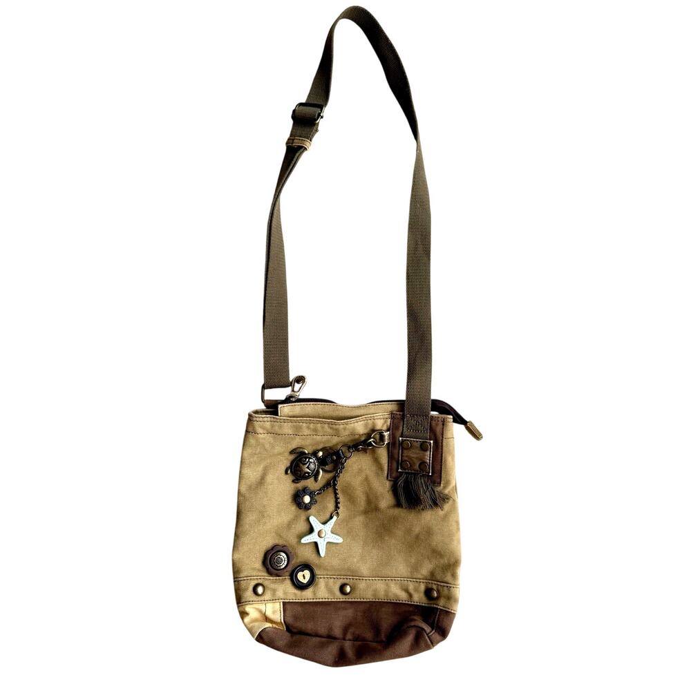 Chala Crossbody Bag Tan Denim Canvas w/ Sea Turtle Starfish Flower Bag Charms
